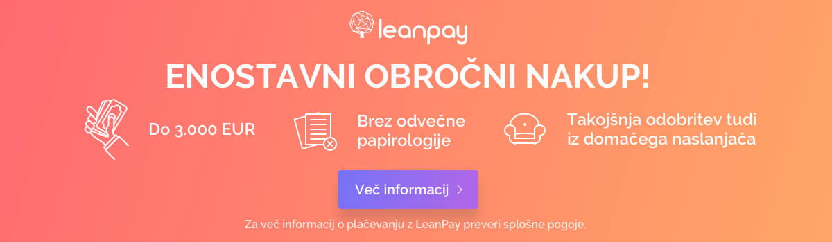 Več o nakupu na obroke z varnim spletnim plačilom Leanpay. Več o nakupu na obroke z varnim spletnim plačilom Leanpay.